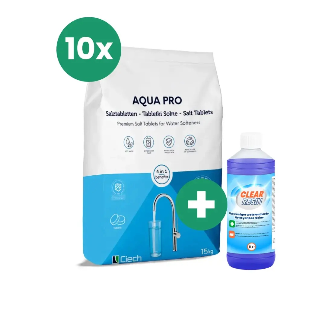 Combo 10x 15KG Sel De Pastilles + Nettoyant de résine 1L