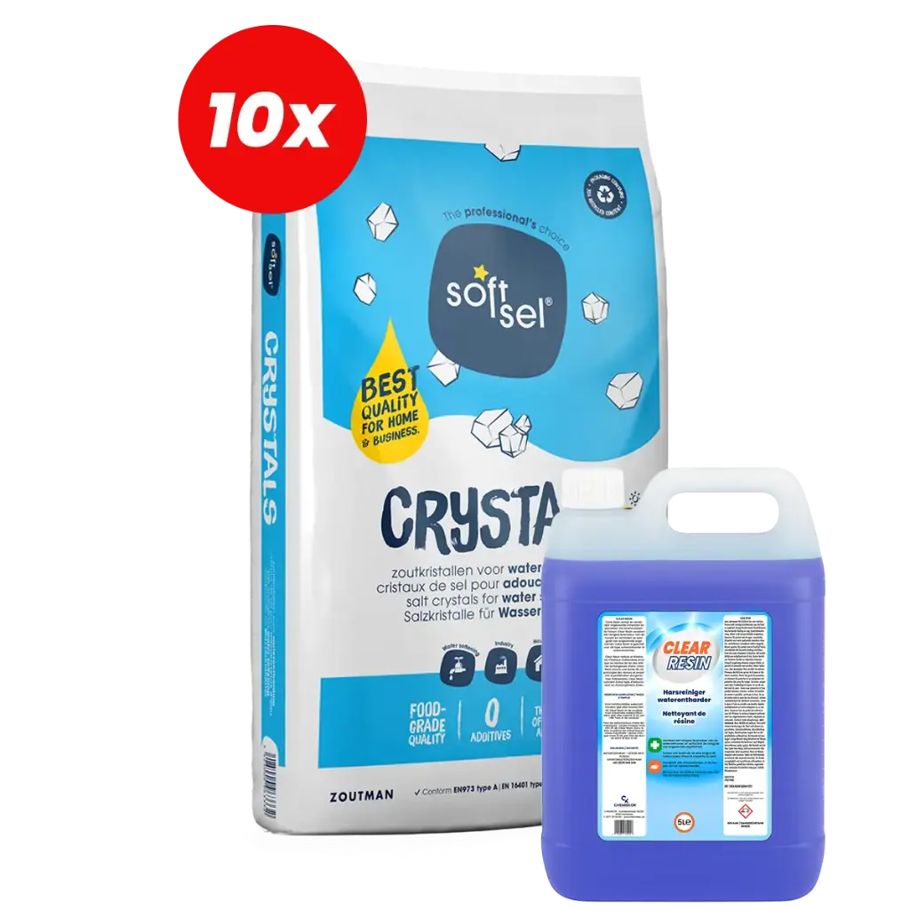 10x Cristaux De Sel Adoucisseur 25 kg + 5L Nettoyant de Résine