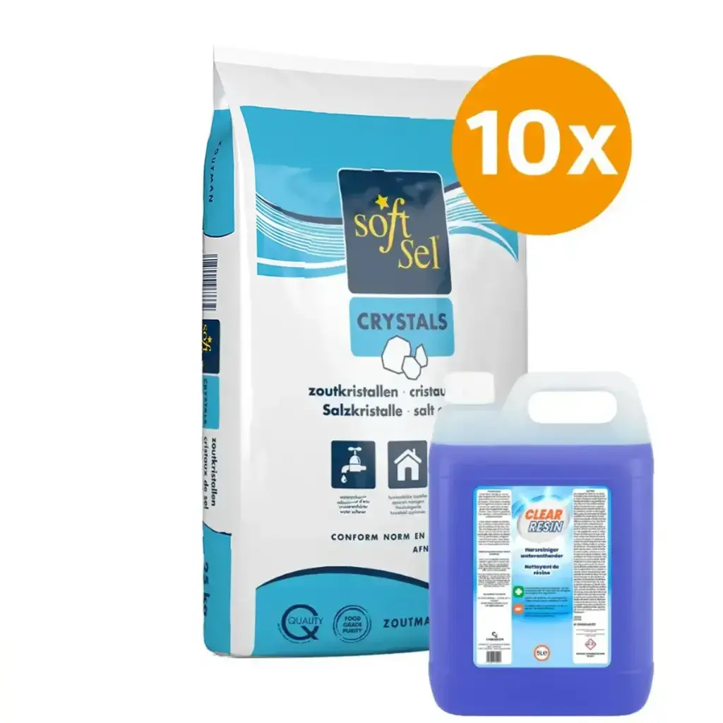 Combo 10x Soft Sel Crystals 25 KG + 5 L Resin Cleaner – Complete Water Softener Set
